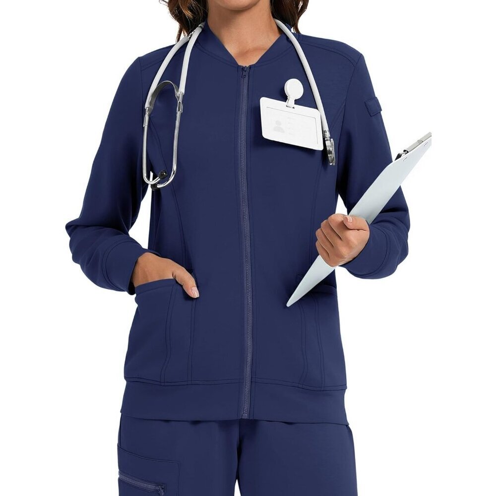 Scrub Jacket Women Zipper Bomber Medical Coats Pockets Nurse Uniforms